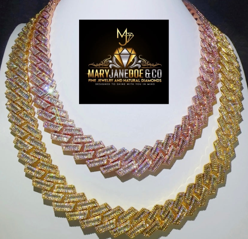 Beautifully crafted 2row moissanite baguette Cuban link 15mm S925 - Mjd Jewelry